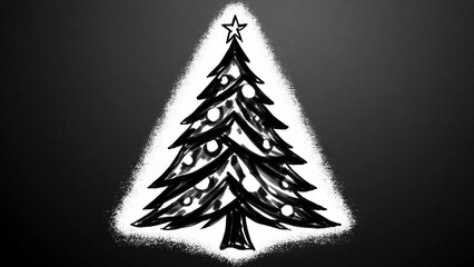 Hand-drawn black and white Christmas tree with ornaments and star on top glowing against dark background
