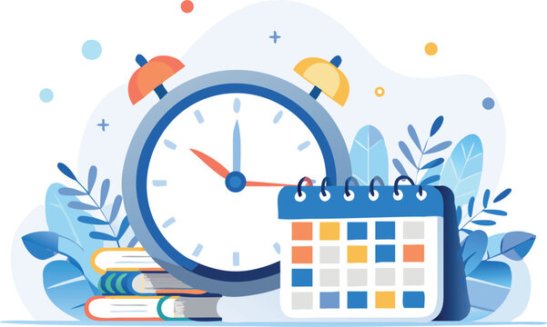 Illustration of a clock, calendar, and books against a leafy background with soft color palette