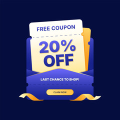 Free Coupon Voucher Banner with 20 Percent Off Discount in Blue Envelope with Gold Ribbon for Online Flash Sale, Marketing and E-commerce Promotion