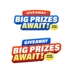 Giveaway Big Prizes Await Promotional Typography Banner with Enter to Win Badge in Bold Typography Style Red and Blue Version for Social Media, Marketing and E-commerce Promotion