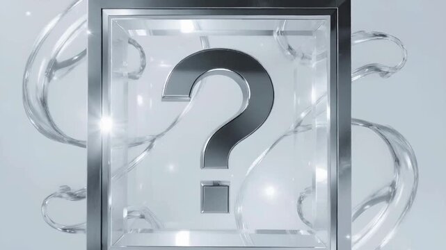 Enigma Metallic Question Mark in Glass Cube with Liquid Swirls