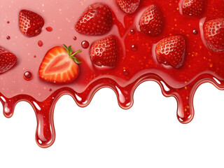 Fresh ripe strawberries and sweet red syrup dripping down isolated on transparent background