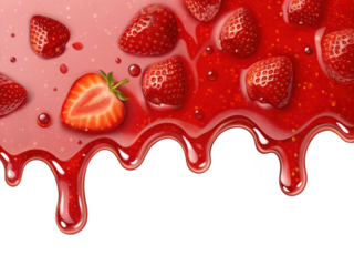 Fresh ripe strawberries and sweet red syrup dripping down isolated on transparent background