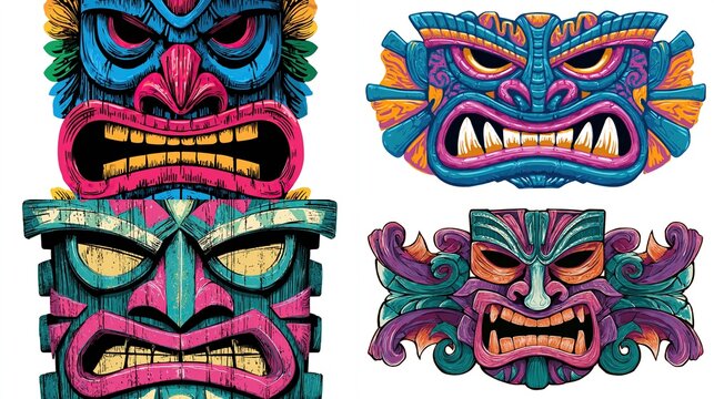 Four vibrant, stylized tiki masks