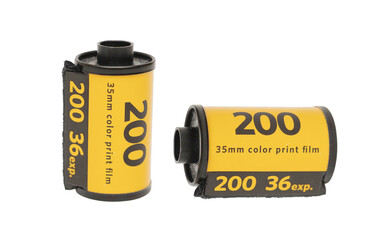 Vintage 35mm color print film roll with ISO 200 rating and 36 exposures, isolated on white...
