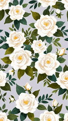 Soft white roses with warm yellow centers, surrounded by green leaves, resting on a pale gray background in a calm and elegant floral pattern