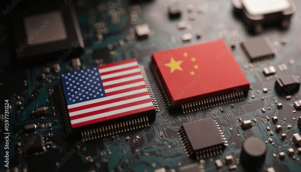 Poster illustration of us, china flags on computer chips atop circuit board. macro view of microchips, elec
