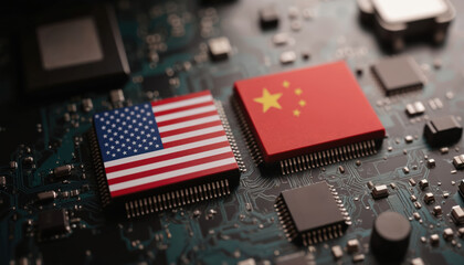 Illustration of US, China flags on computer chips atop circuit board. Macro view of microchips, electronic components, symbolizing technology, trade, political relations. Focus on digital hardware.