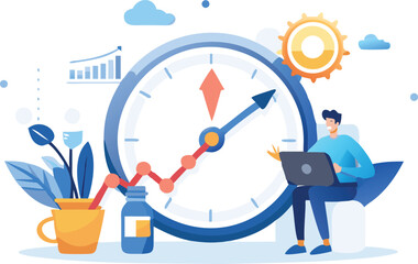 Illustration of a man working on a laptop with a clock and growth chart in the background scene