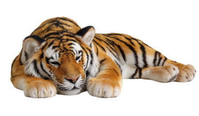 A majestic tiger is resting peacefully, isolated on transparent background, showcasing its beautiful stripes and powerful presence