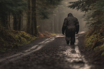 Bigfoot Walking Along Foggy Forest Path During Mystical Morning Scene
