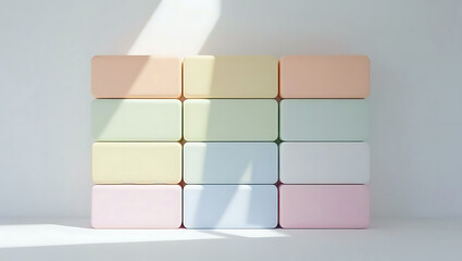 Pastel colored rectangular blocks stacked neatly against a white wall with soft shadows creating a modern abstract background design