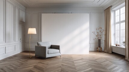 Elegant, sun-drenched interior room with a large blank canvas