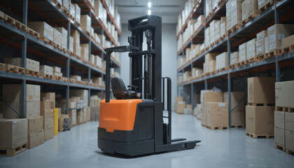 Automated forklift operates in vast warehouse, surrounded by shelves stacked high with boxes. Scene advanced robotics, artificial intelligence in modern industrial logistics, storage solutions.