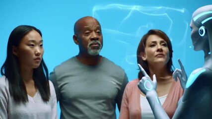 Group of diverse individuals interacting with a futuristic holographic AI display, showcasing technology - Powered by Adobe