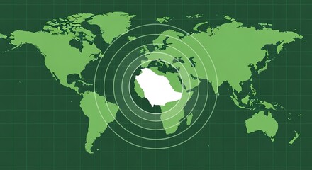 World map shows Saudi Arabia in white with concentric rings emanating outward