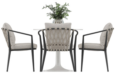 Contemporary 4-seater dining table with rope-wrapped chairs isolated on transparent background - Front view