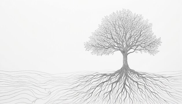 Minimalist line art illustration tree with intricate network of roots spreading underground. Abstract foliage design adds modern, organic touch. Emphasizes growth, strength, connection within nature.