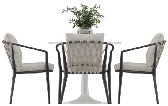 Contemporary 4-seater dining table with rope-wrapped chairs isolated on transparent background - Front view