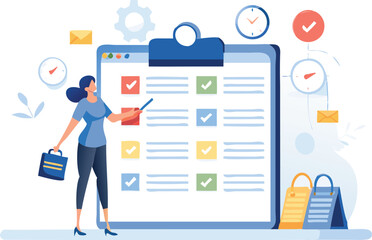 Woman presenting checklist with clock, gear, and calendar icons in a planning and organization setting