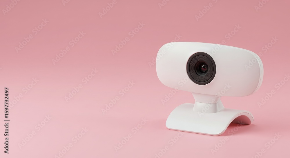 Poster webcam device in white on pink background used for streaming and video conferencing