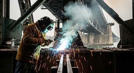 A welder repairs a bridge, sparks flying, creating a powerful industrial image. Suitable for construction, engineering, infrastructure safety projects and labor day ads.