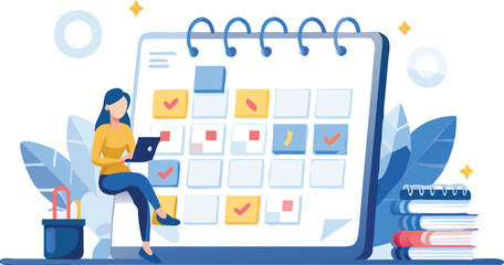 Woman sitting on a calendar with a laptop in her hands and a bag and books next to her working on tasks