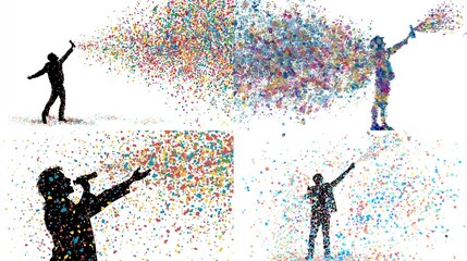 Four silhouette figures blowing colorful confetti