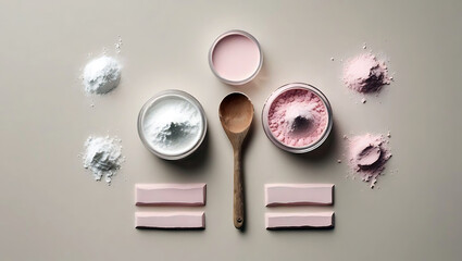 Pastel Powders and Wooden Spoon Minimalist Beauty Product Display High Angle Shot with Soft Light