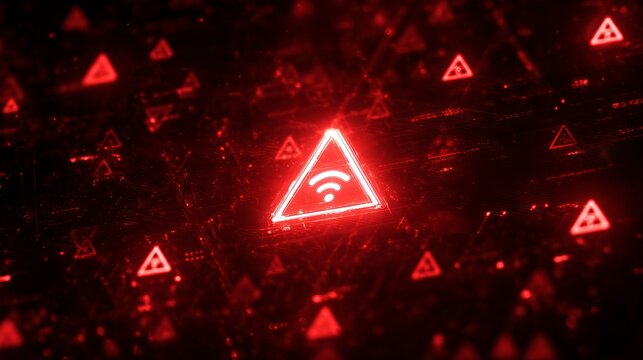 A glowing red warning sign featuring a Wi-Fi symbol, set against a high-tech digital background.