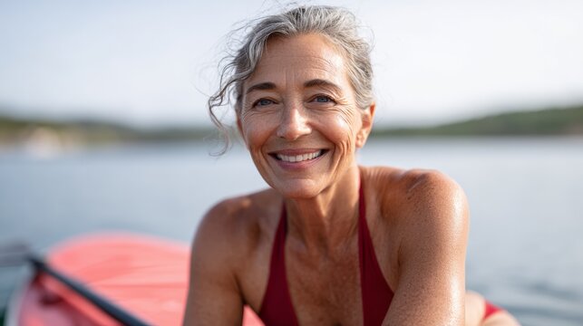 Smiling senior woman with gray hair wearing a red swimsuit enjoys a summer day paddle boarding on a calm lake, promoting active retirement and watersports