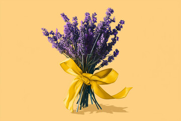 Lavender Bouquet with Yellow Ribbon. Lavender bouquet with yellow ribbon on a plain background, ideal for spring or summer celebrations and floral-themed designs.