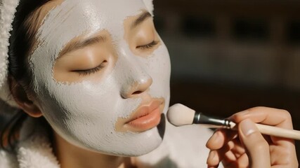 Asian woman applies face mask with brush during skincare routine - Powered by Adobe