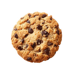 Round chocolate chip cookie, golden brown, studded with dark chocolate chips