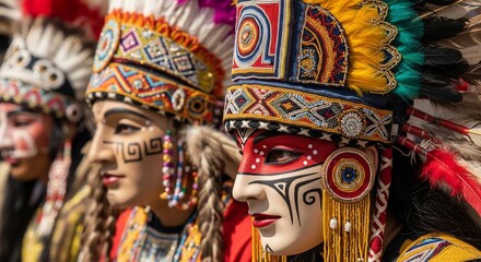 Fototapeta premium Elaborate costumed performers showcase cultural richness through masks and vibrant headdresses