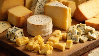 Assortment of gourmet cheeses, including soft rind, blue, aged varieties, arranged on rustic wooden board. Ideal for food blogs, restaurant menus, gourmet deli promotions, artisanal dairy products.