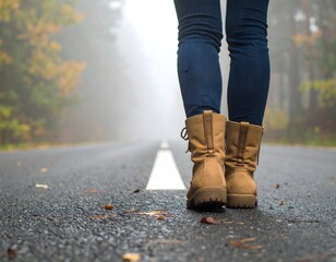 Close-up view of tan hiking boots stepping on forest path covered in leaves and moss during early morning with sunlight streaming through fog