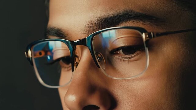 An extreme close-up of a person's eyes behind glasses, rapidly scanning code or text on a computer monitor in a dark room