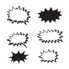 Hand drawn comic speech bubbles and burst shapes in black and white for various design uses
