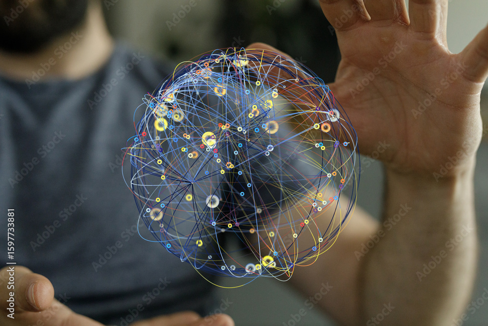 Poster abstract image of a person interacting with a digital globe, representing global networking, connect