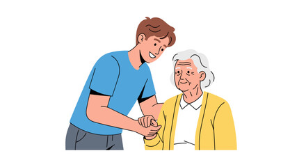 A young male caregiver provides support and comfort to an elderly woman, offering a helping hand and companionship in a caring and supportive environment.