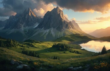 Fototapeta premium Majestic mountain range at sunset, serene lake reflecting golden sky. Rich green valleys, rolling hills, scattered pine trees create breathtaking scenery for travel and adventure.