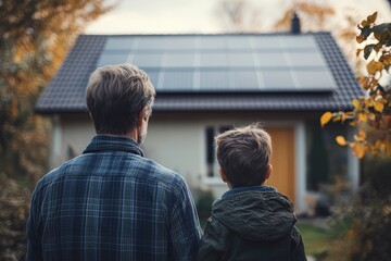 Rear view of father and his son looking at their house with solar panels on the roof, representing the shift toward sustainable energy solutions in modern households, Generative AI