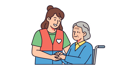 A compassionate young caregiver provides gentle support to a smiling elderly woman in a wheelchair, illustrating dedicated assistance and care.