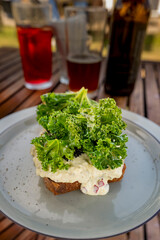 Organic pie with chicken salad and kale