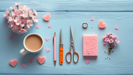 Romantic Blue Workspace with Flowers Coffee and Craft Supplies Perfect for Valentines Day or Creative Project Inspiration