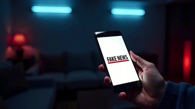 A person holds a smartphone displaying the words "fake news" in a dimly lit room, creating a sense of concern and awareness about misinformation in today's media landscape