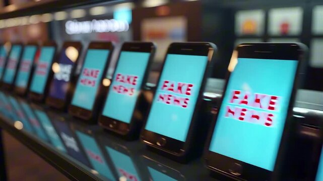 A row of smartphones displays the text "fake news" on their screens, highlighting the theme of misinformation in a modern digital world