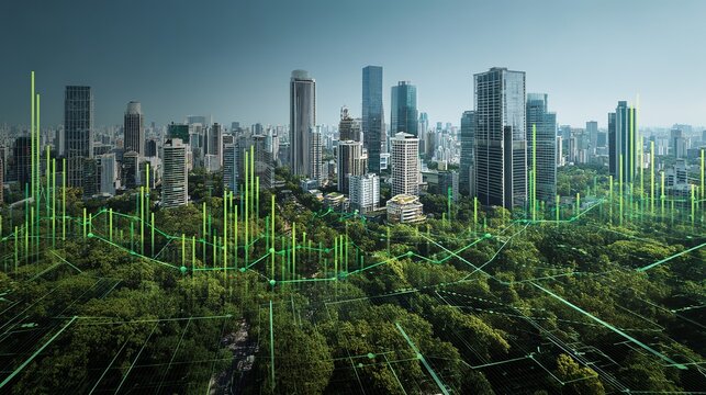 Aerial view of a modern cityscape blending nature with digital data overlays, symbolizing urban growth and sustainability.