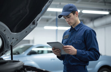 Young mechanic uses tablet for car diagnostics in modern garage. Focused technician checks vehicle system, using tools for maintenance, repair. Automotive service, skilled craftsmanship, professional
